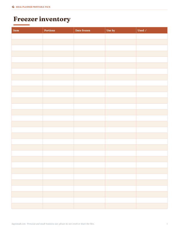 Preview of Printable Freezer Inventory Sheet