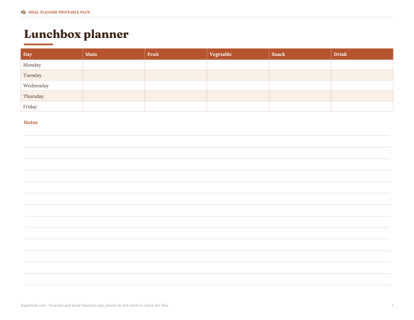 Preview of Printable Lunchbox Planner