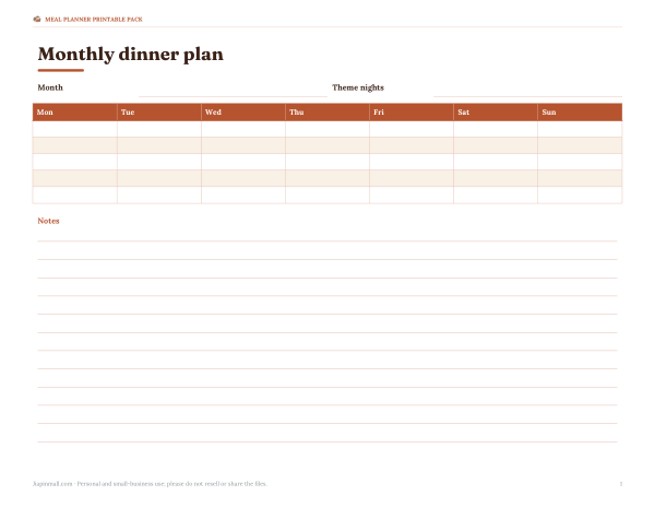 Preview of Printable Monthly Dinner Plan